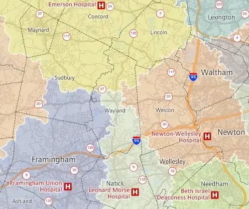 Maptitude GIS map of territories based on drive-time to nearest hospital