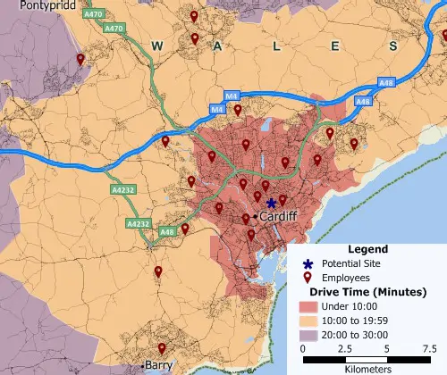 Maptitude GIS map of 10-minute drive time rings around two sites