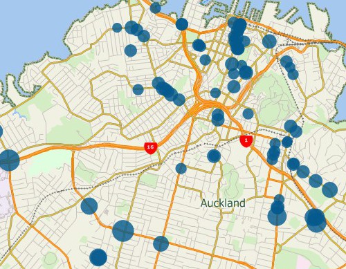 Sample Maptitude geographic information system map of geocoded New Zealand customer data