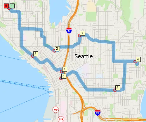 Maptitude map of shortest path route returning to origin