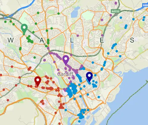 Maptitude map with spatial query filtering customers to the nearest store