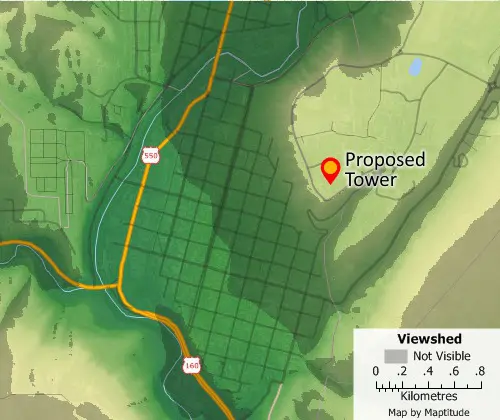 Maptitude GIS surface analysis map showing the areas where a proposed tower would be visible and not visible