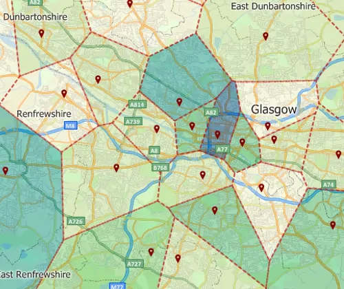 Maptitude GIS map of area-of-influence/Voronoi territories