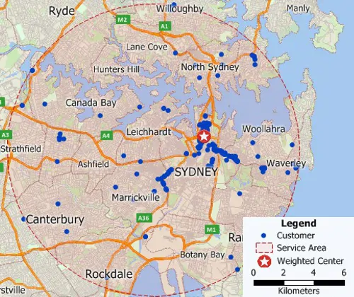 Maptitude GIS map of weighted center gravity location of customers