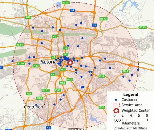 Maptitude GIS map of weighted center gravity location of customers in Sydney, Australia