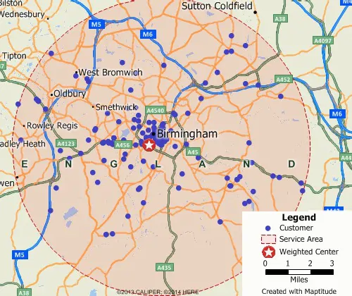 Maptitude GIS map of weighted center gravity location of customers in Sydney, Australia