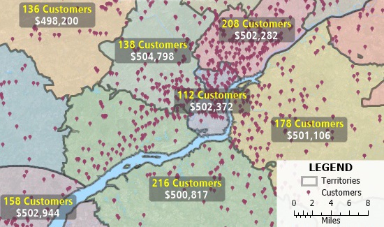 Territory and customer location map created with Maptitude alternative to Anaplan