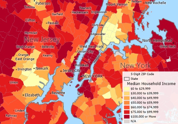 Income by ZIP Code map created with Maptitude CensusViewer alternative