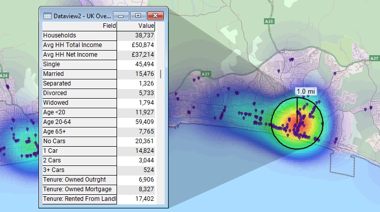 Maptitude showing heat map of customer concentrations and demographics of high density location