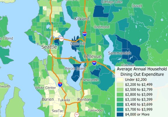 Consumer expenditure map created with Maptitude Data Axle Genie replacement