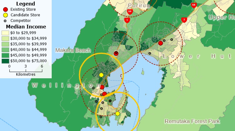 Maptitude map showing GIS retail site selection process to assess competitive retail, accessibility, and income