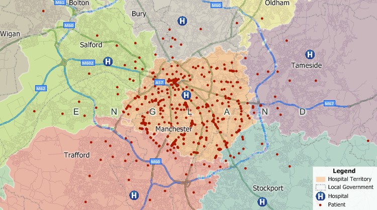 Streets partitioned based on drive time to nearest hospital with Maptitude street mapping software