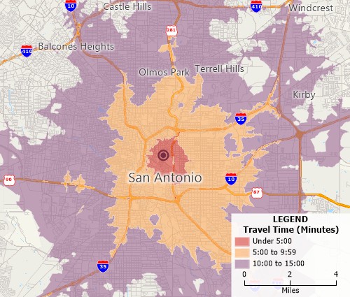 Create drive-time rings around map features and estimate the populations within them, count the customers within them, or find underserved areas