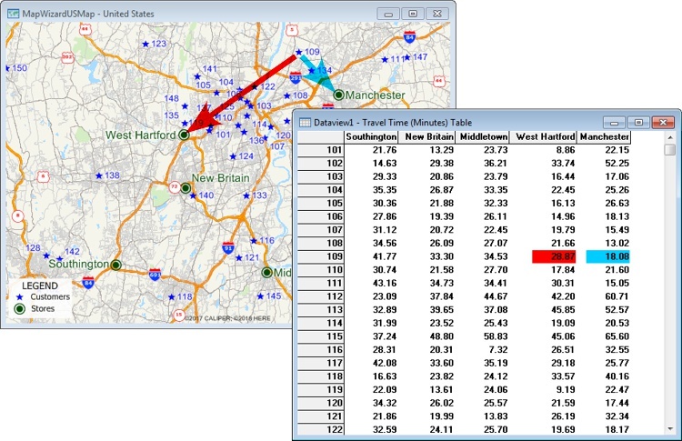 Origin-Destination table and map created with Maptitude MileCharter replacement