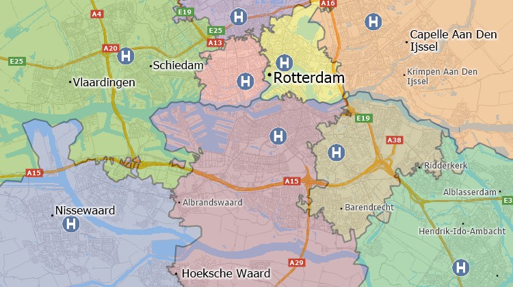 Territories based on drive-time around hospitals