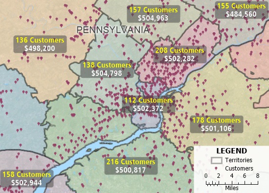 Territory and customer location map created with Maptitude alternative to SPOTIO