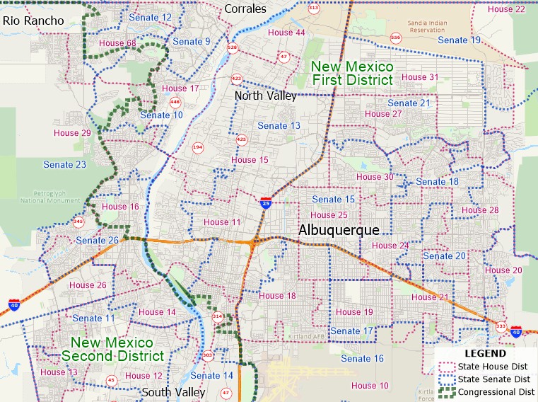 Sample Maptitude map of state legislative district boundaries around Albequerque NM