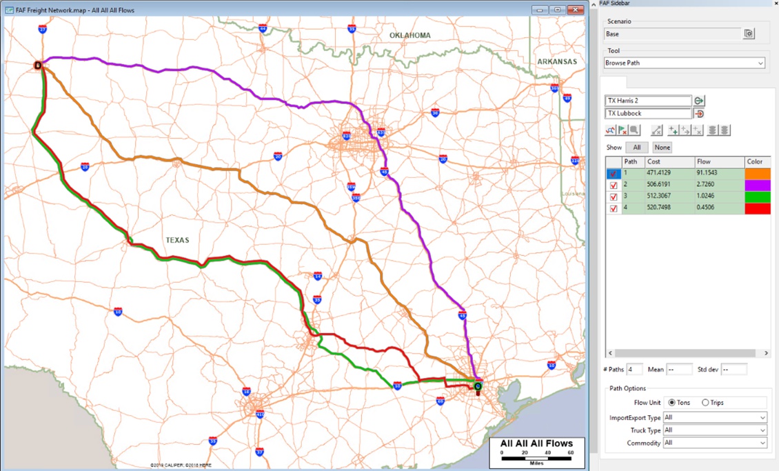 TransCAD 9 Corridor Truck Flows between Lubbock and Houston, Texas