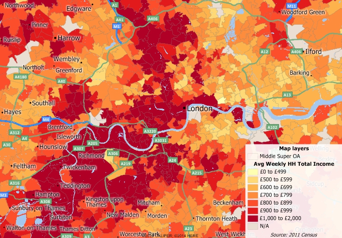 Map of income by super output area in Greater London