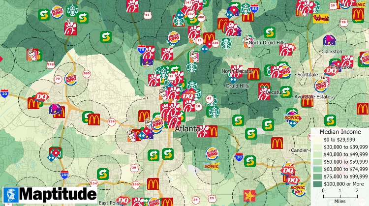 What is location technology - Maptitude map of income and store locations