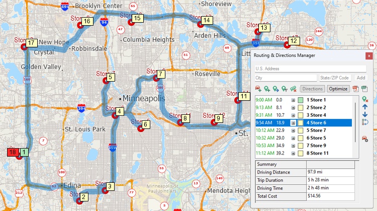 Maptitude best Streets and Trips replacement map of path to service multiple stops