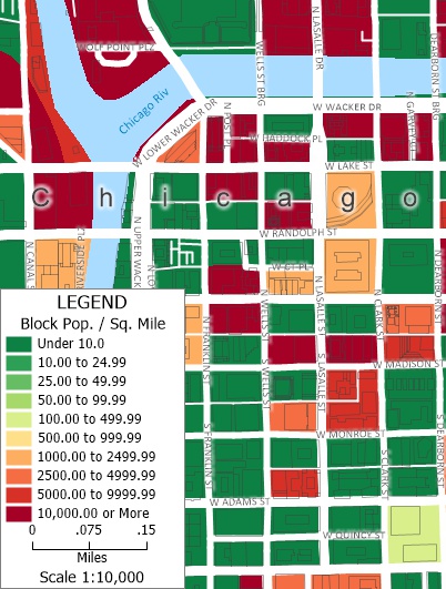 A large scale map of downtown Chicago with population density by block