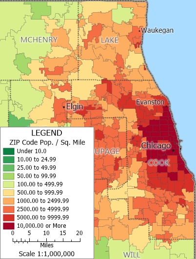 A medium scale map of Cook County with population density by ZIP Code