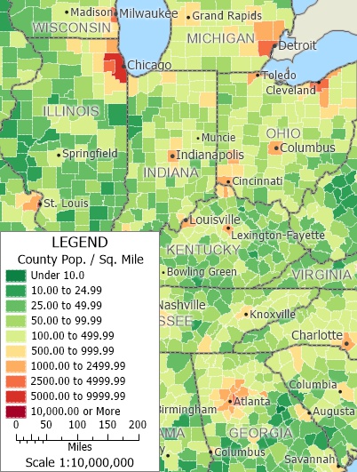 A small scale map of population density by county