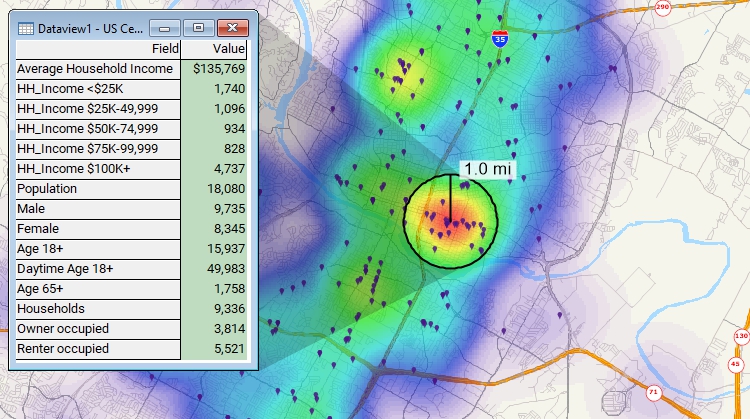 Maptitude showing heat map of customer concentrations and demographics of high density location