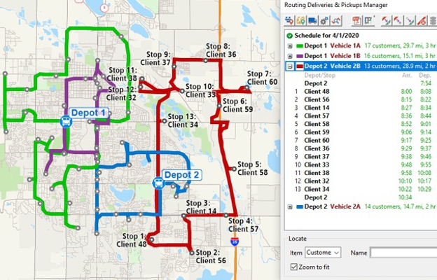 Maptitude map of delivery routes with time windows from two depots