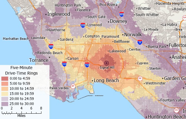 Maptitude map site map with 5-minute interval drive-time rings