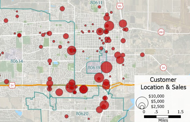 Maptitude map of customers geocoded by address and shown with a size theme on sales volume