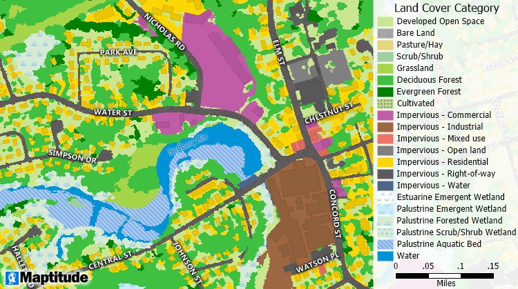 What is Land Cover Classification/Land Cover Classification definition: Maptitude map software map of land cover in a neighborhood including impervious, forest, and wetland areas