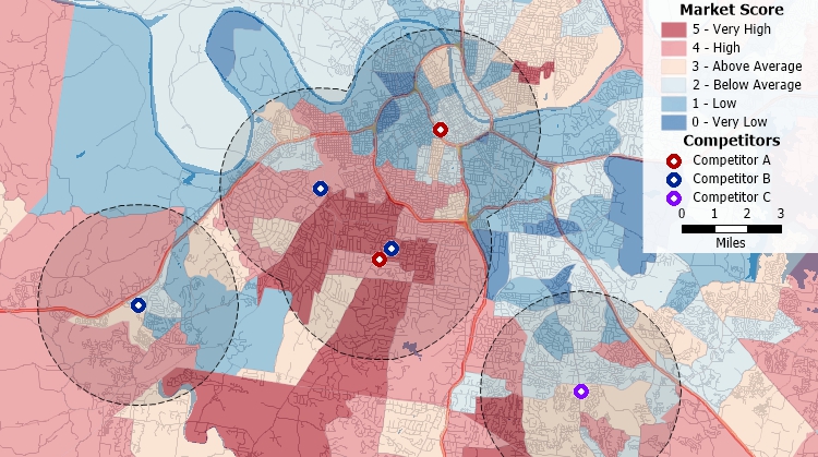 Maptitude market gap analysis map showing competitors and areas of high market potential