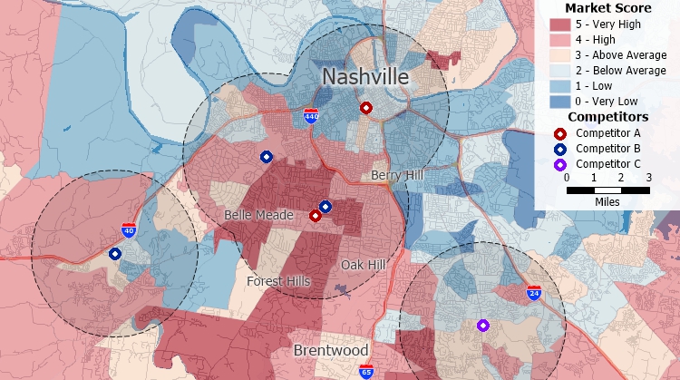 Maptitude market gap analysis map showing competitors and areas of high market potential