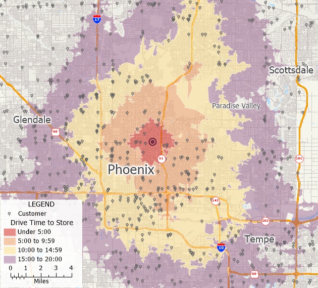 Maptitude mapping software QGIS alternative map of drive-time rings and customer locations