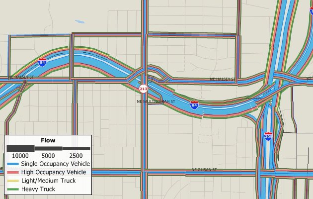 Traffic assignment result map with scaled-symbol theme of flow and color theme of volume to capacity ratios