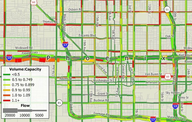 Traffic assignment result map with scaled-symbol theme of flow and color theme of volume to capacity ratios