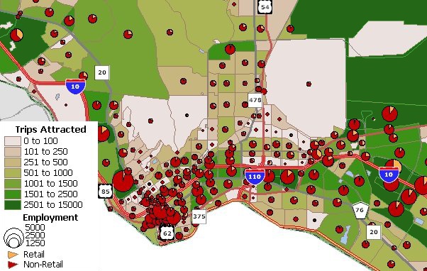 Trip attraction map showing total trips attracted and employment type