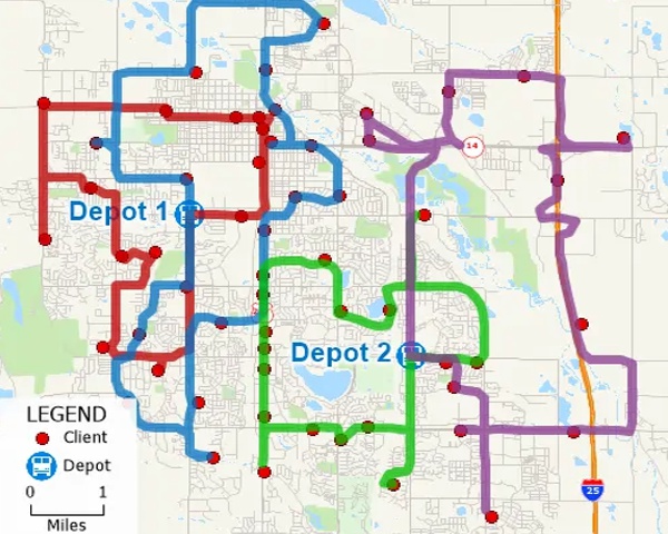 TransCAD map of fleet routing 