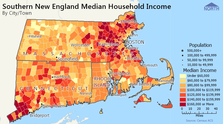 What is map layout - An example map layout with a color theme map of median household income on cities and towns, a title, North arrow, and legend