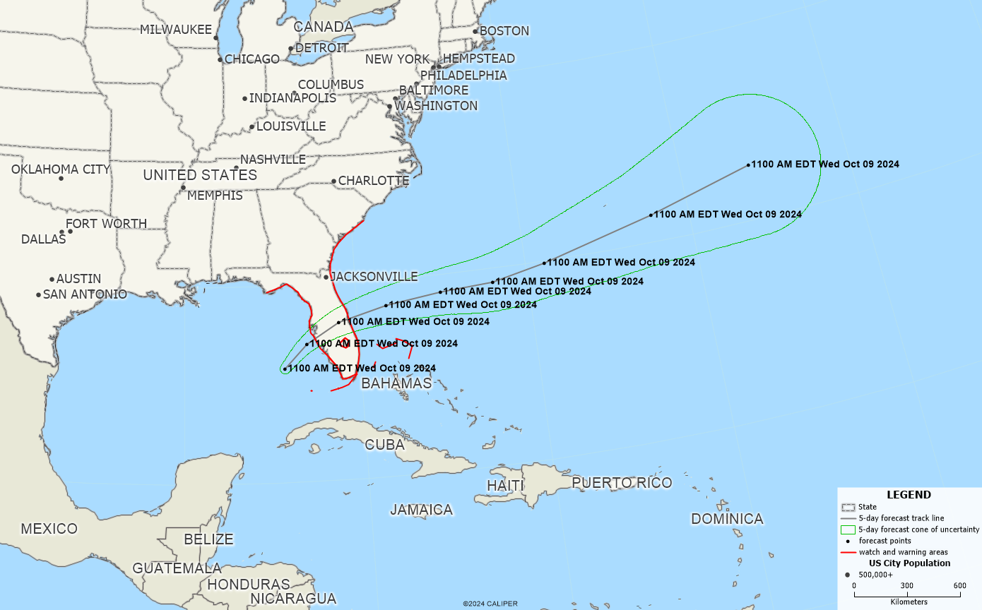 How Do I Map Hurricanes? Map of Advisory Forecast Track, Cone of Uncertainty, and Watches/Warnings of Milton with Date Labels