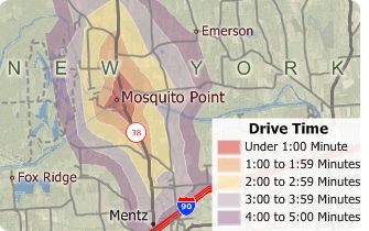 Maptitude Map with 2-minute Drive-Time Rings