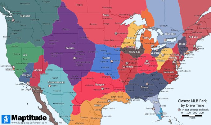 Map of closest MLB stadium to ZIP Codes